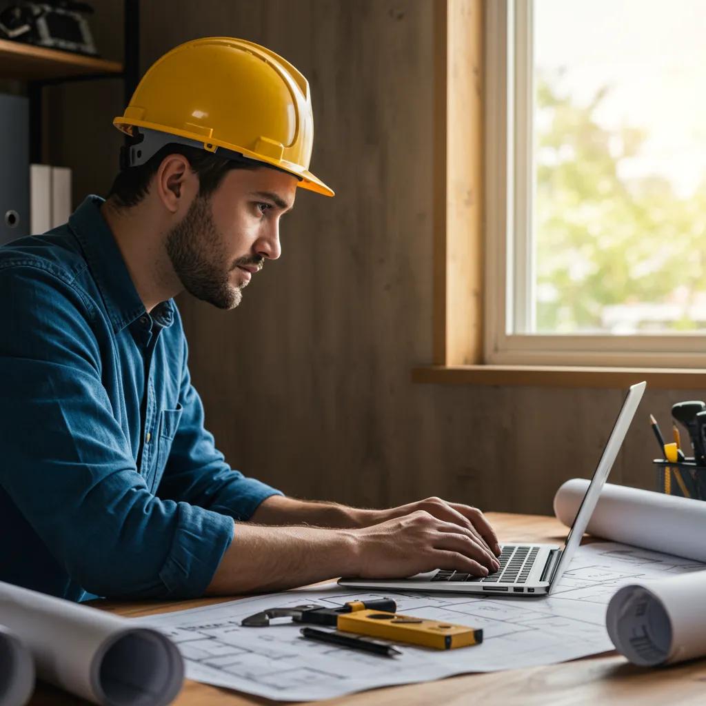 A contractor writing a blog post in their home office to attract high-value clients