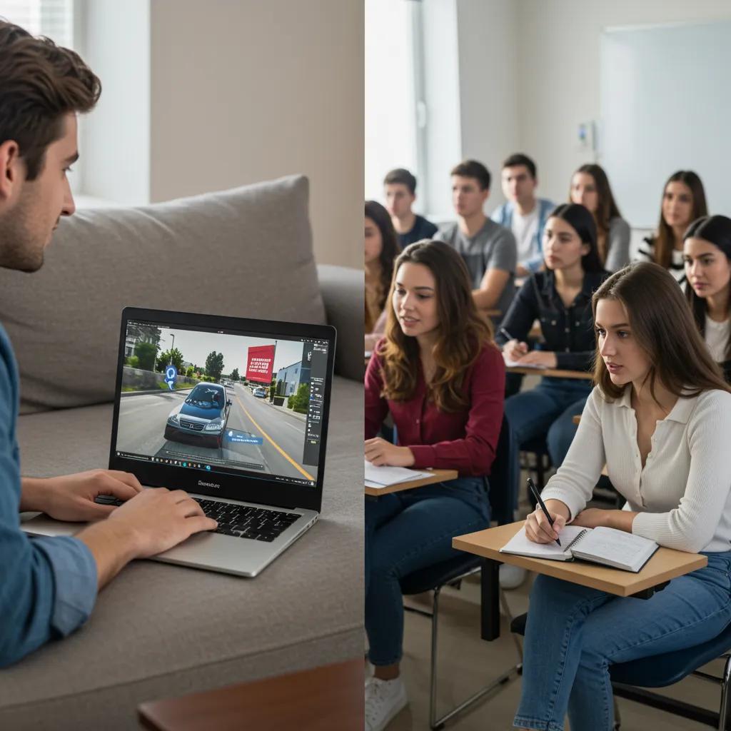 A split image showing a person taking an online driving class on a laptop and another group in a physical classroom setting