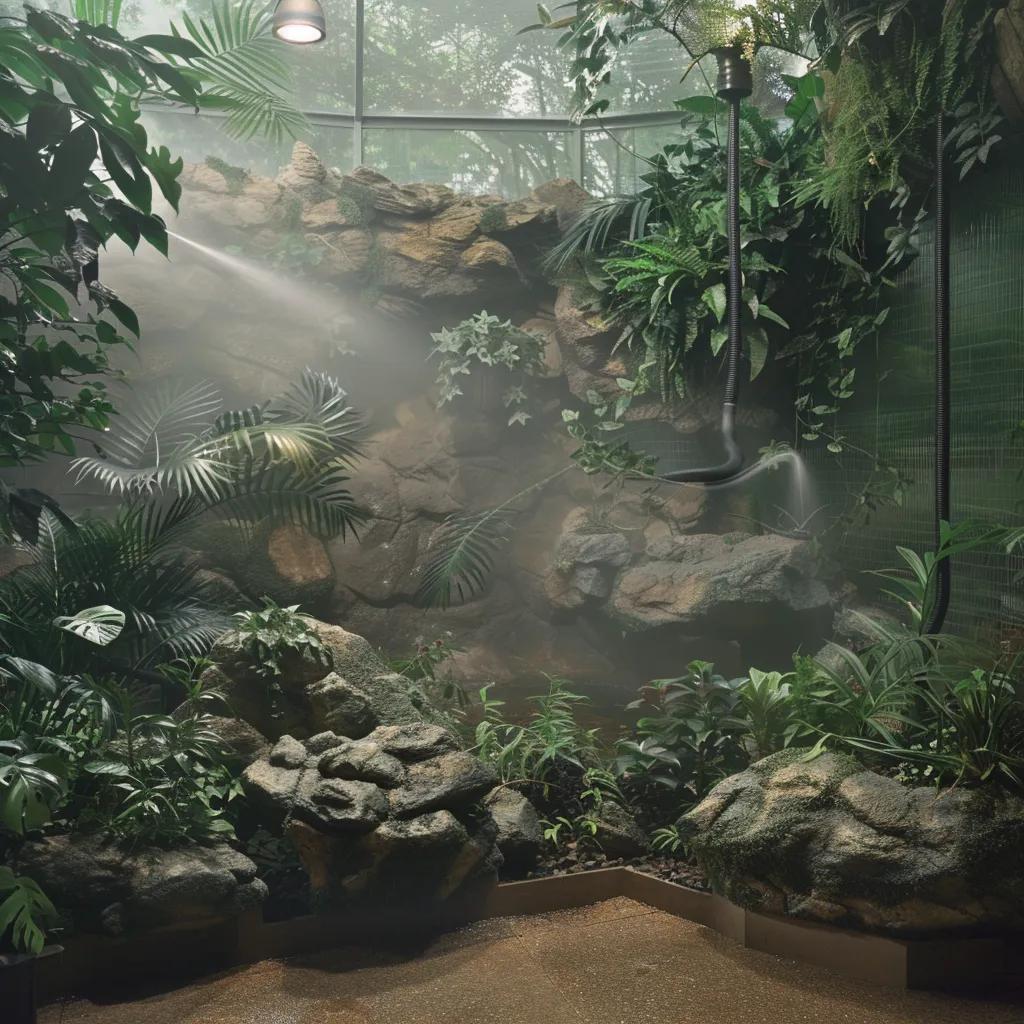 Humidity control methods in a reptile habitat featuring misting systems and live plants