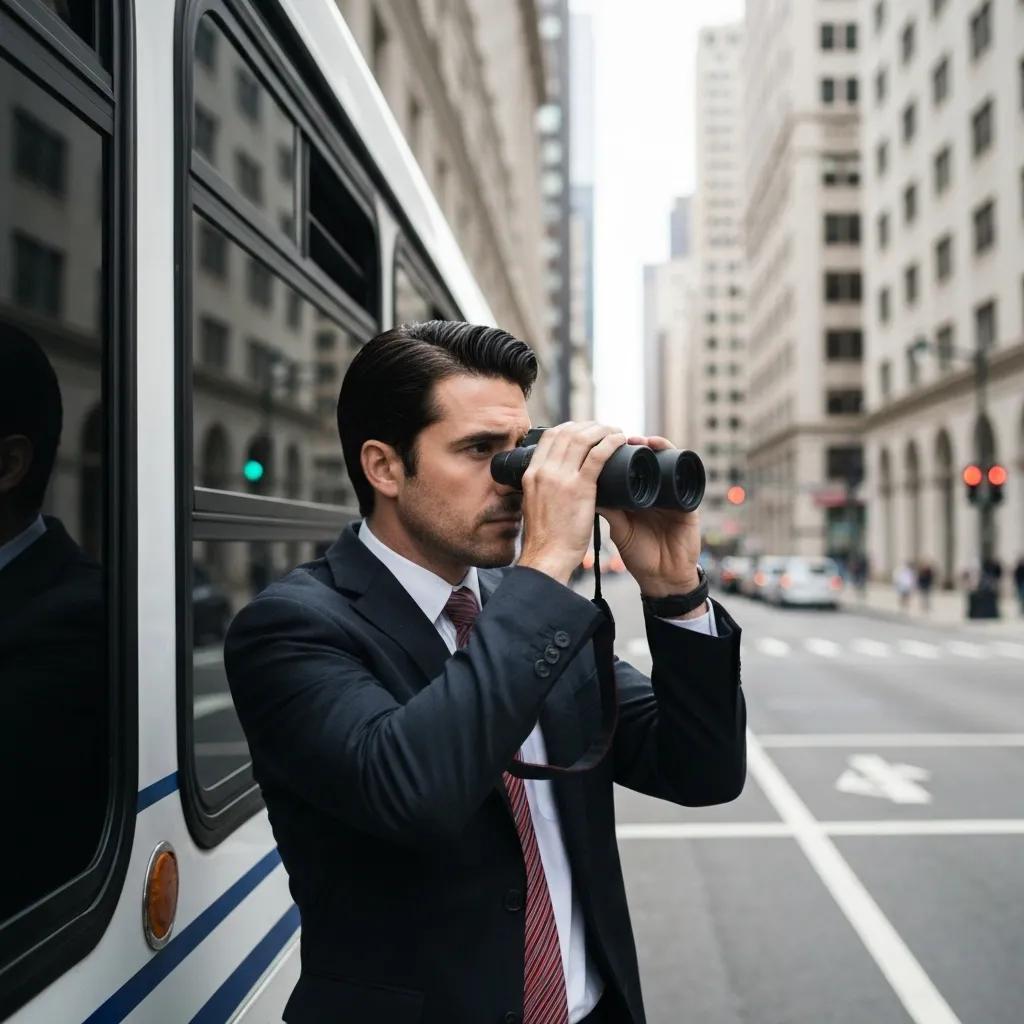 Corporate investigator using surveillance equipment in an urban setting