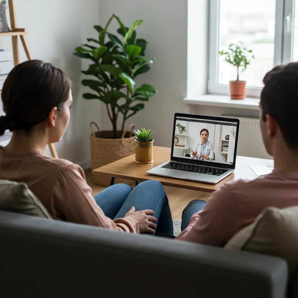 Couple participating in online relationship therapy session from home