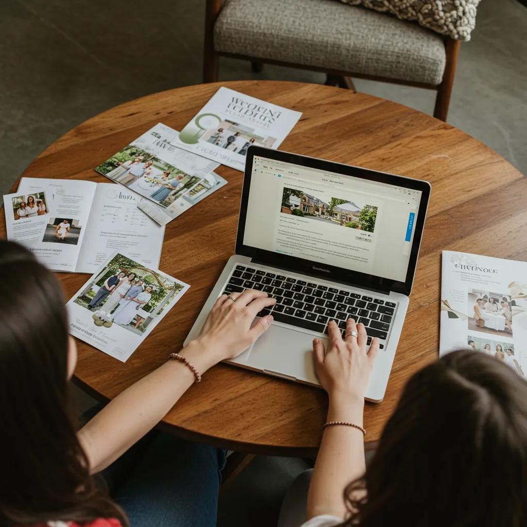 A couple engrossed in researching wedding venues online, surrounded by planning materials A couple engrossed in researching wedding venues online, surrounded by planning materials