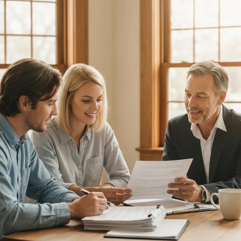 Couple reviewing closing documents with a real estate agent, illustrating the settlement process Couple reviewing closing documents with a real estate agent, illustrating the settlement process