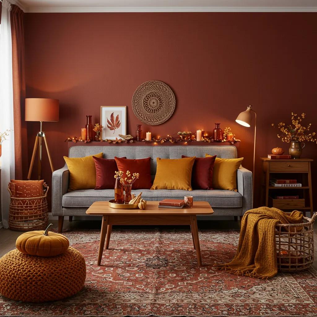 Cozy autumn living room with earthy tones and plush textiles