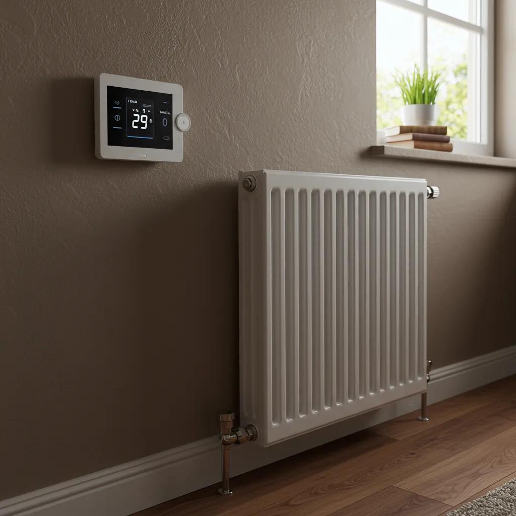 Cozy living room with a modern radiator and smart thermostat, representing central heating services in Lanarkshire