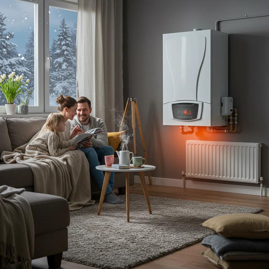 A warm and inviting living room scene, perfect for a cold Glasgow day, with a family enjoying the comfort provided by a reliable boiler.