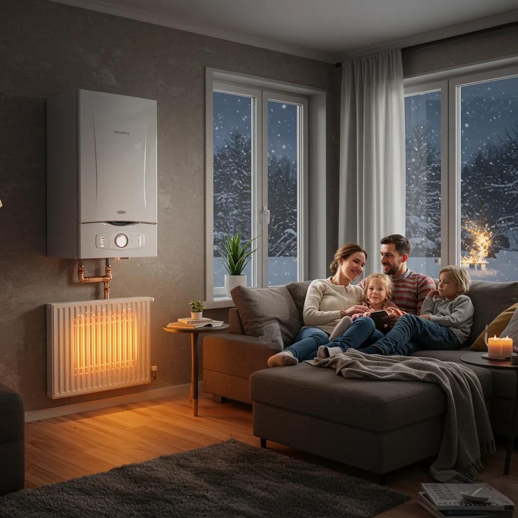 Cozy living room with a functioning boiler, illustrating warmth and comfort during winter