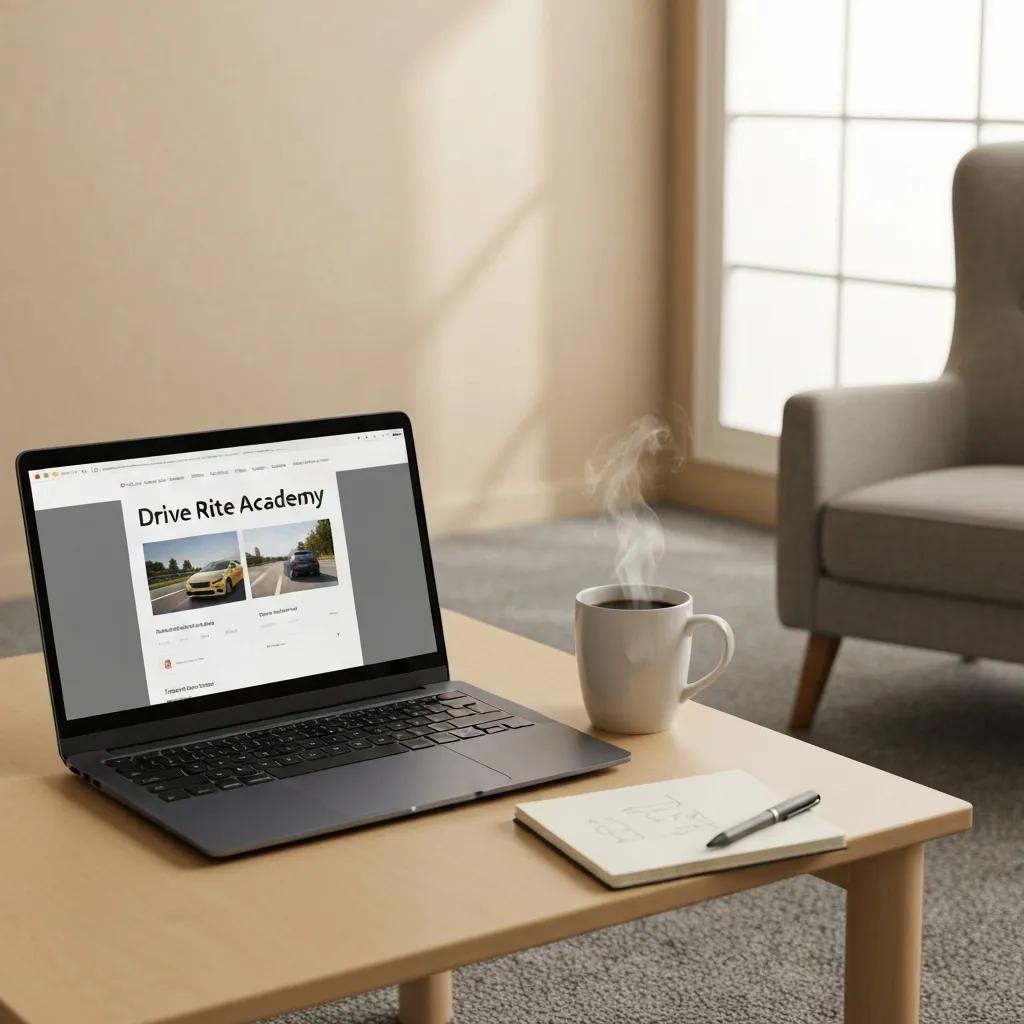 A comfortable home office setup featuring a laptop displaying the Drive Rite Academy enrollment page for the driving course