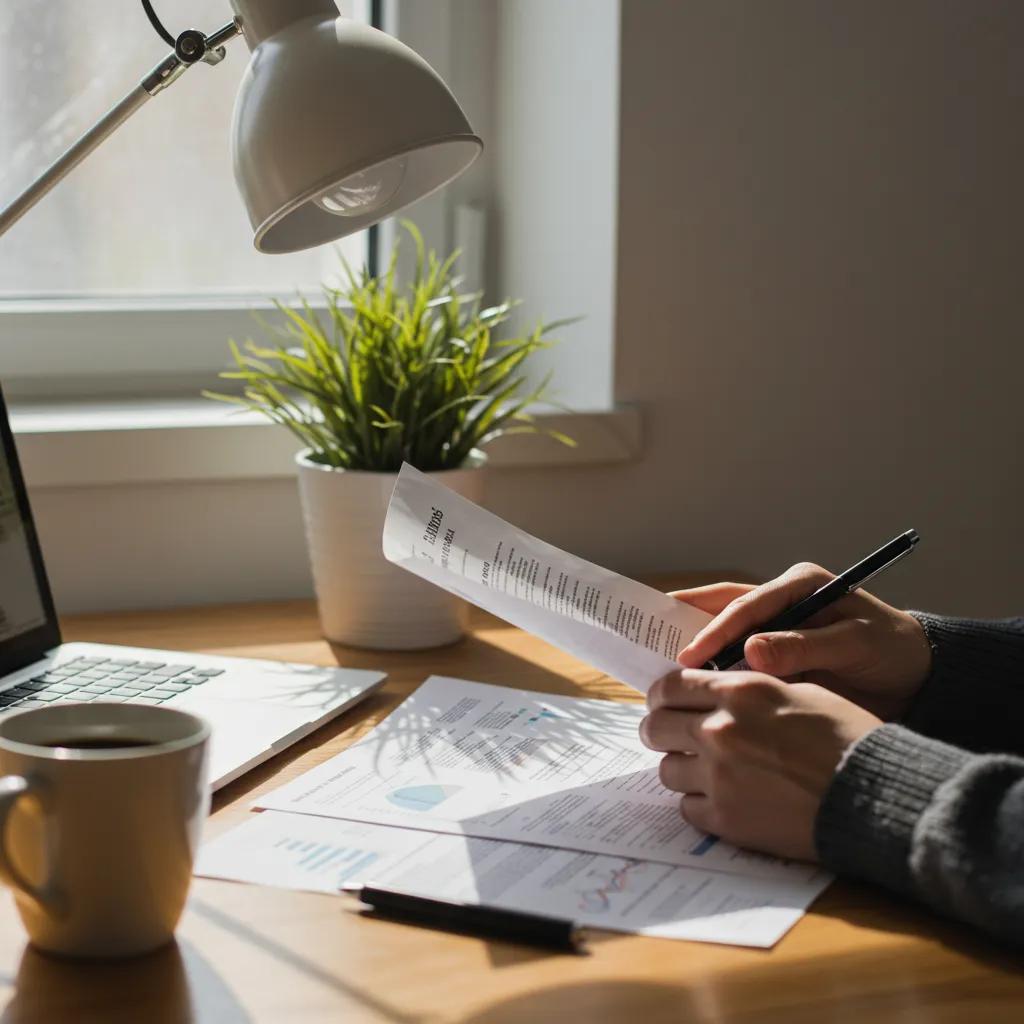 Cozy workspace with financial documents and a laptop, emphasizing personal finance management Cozy workspace with financial documents and a laptop, emphasizing personal finance management