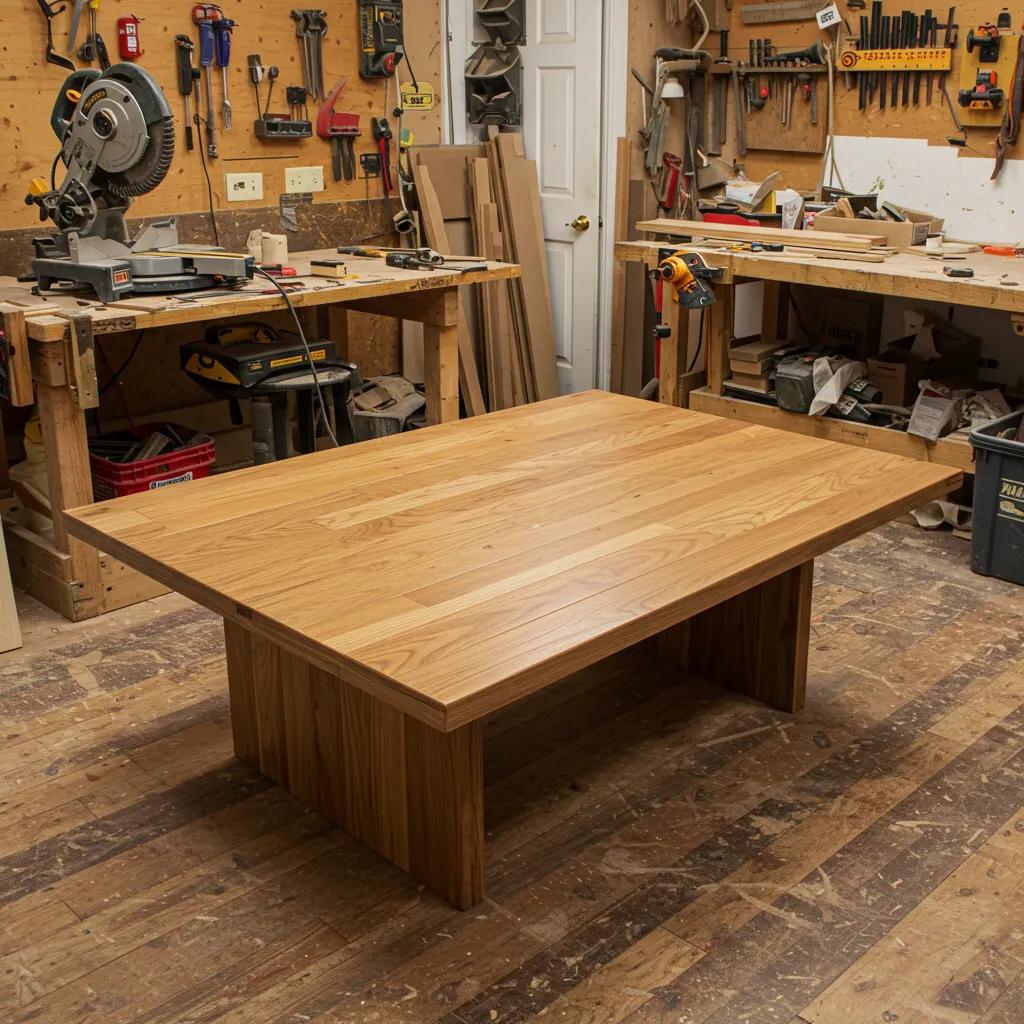 Craftsman creating a coffee table from wood flooring scraps in a workshop