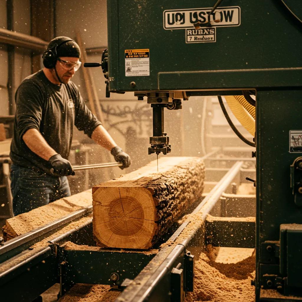 Skilled craftsman operating a bandsaw mill on a freshly cut urban log, demonstrating the custom sawmilling process