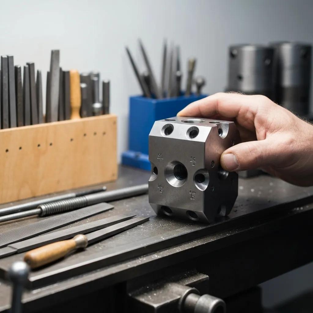 A close-up of a craftsman precisely machining a metal die, emphasizing the dedication to quality and detail.