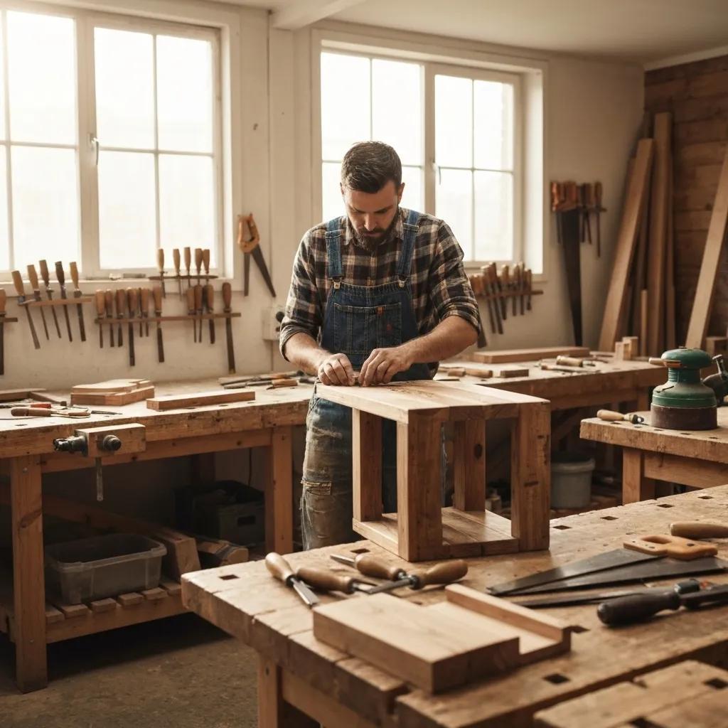 A skilled artisan meticulously working with reclaimed timber, highlighting the sustainable production of furniture