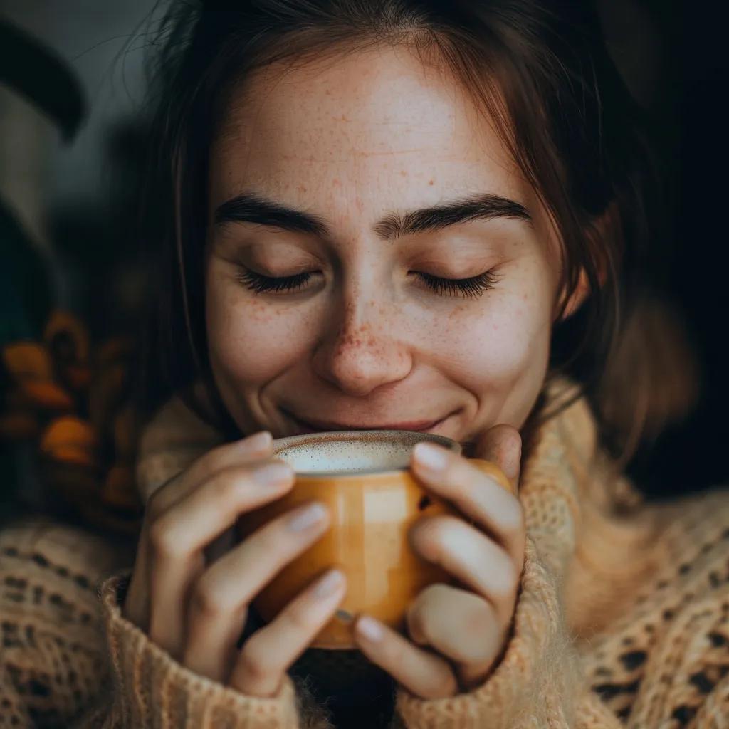 peace of mind happy person cradling a cup of coffee looking calm and peaceful