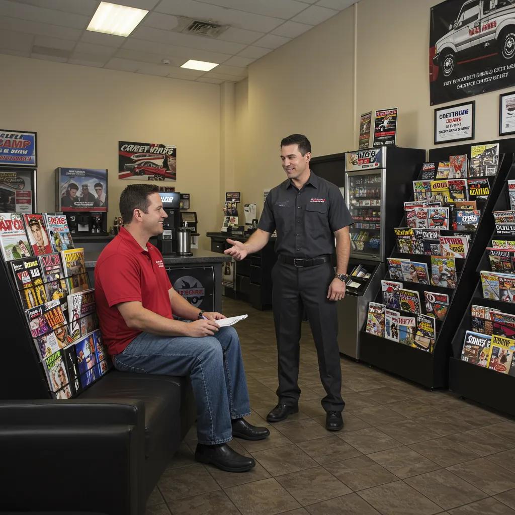 Customer interacting with service advisor in a welcoming auto repair shop waiting area