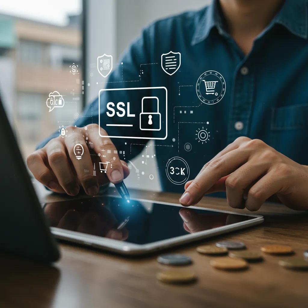 Person making a secure online payment on a tablet, highlighting SSL security indicators and trust symbols for e-commerce transactions.