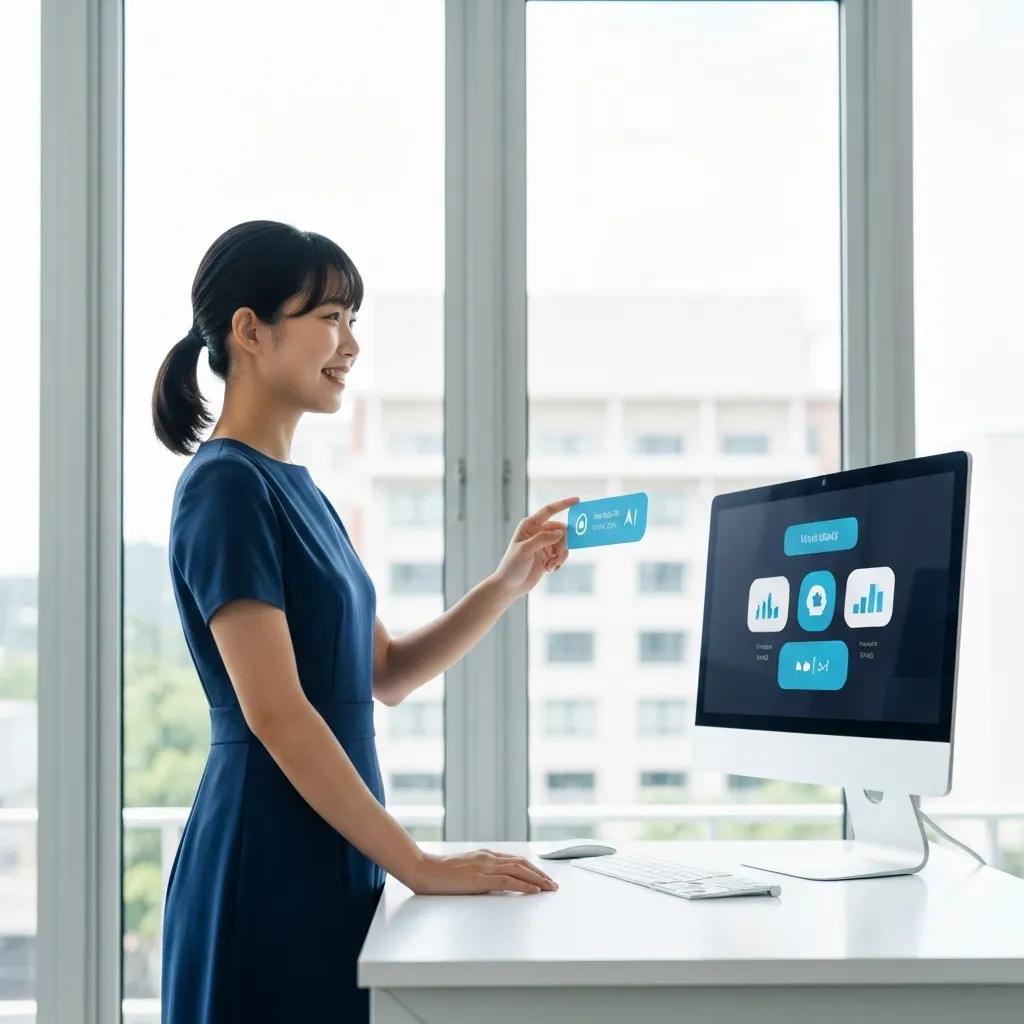 Customer service professional interacting with advanced voice AI technology in a modern office environment Customer service professional interacting with advanced voice AI technology in a modern office environment
