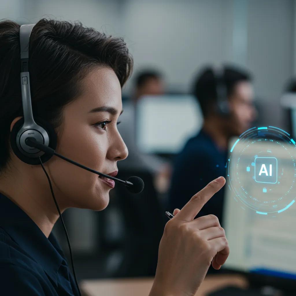 Customer service professional utilizing voice AI technology in a call center environment Customer service professional utilizing voice AI technology in a call center environment
