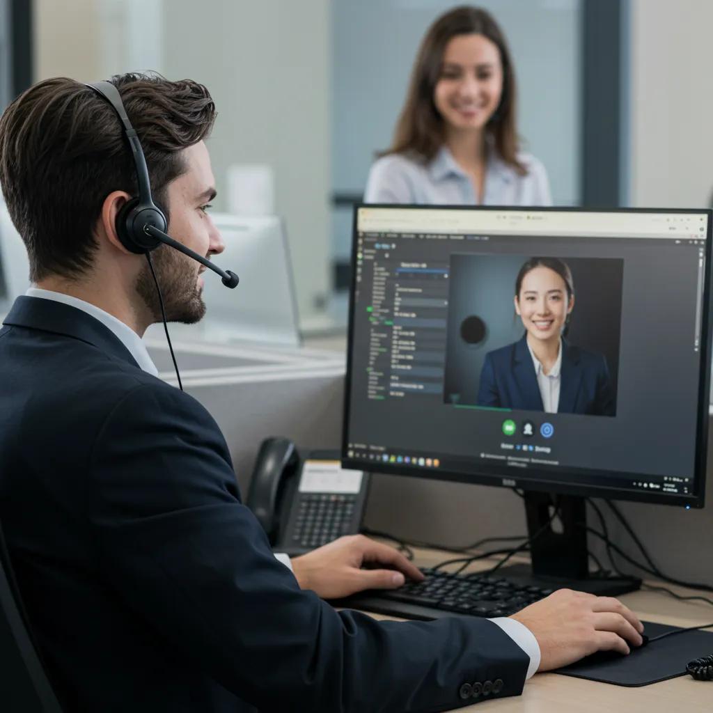 Customer service representative using voice AI technology to enhance customer experience Customer service representative using voice AI technology to enhance customer experience