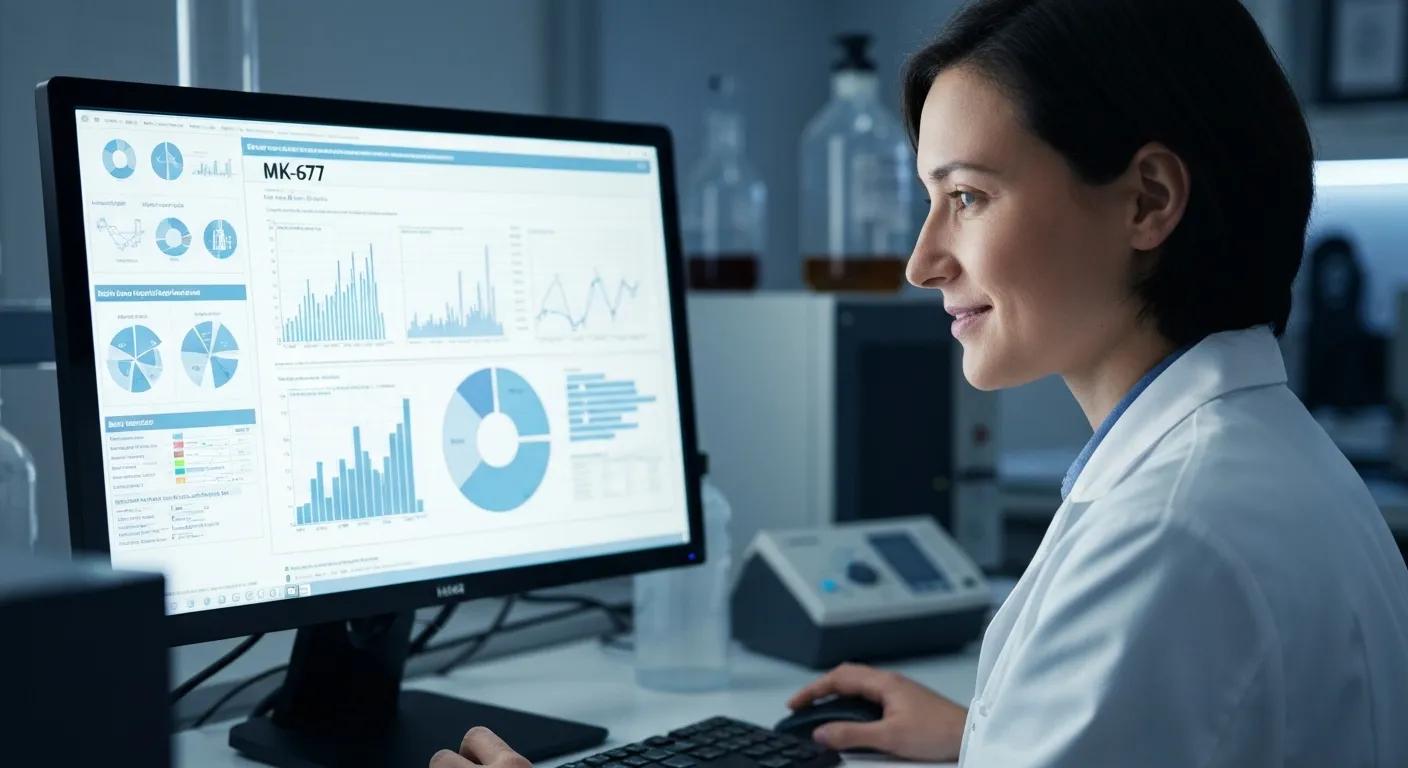 Scientist looking at data on a computer, representing current research on MK-677