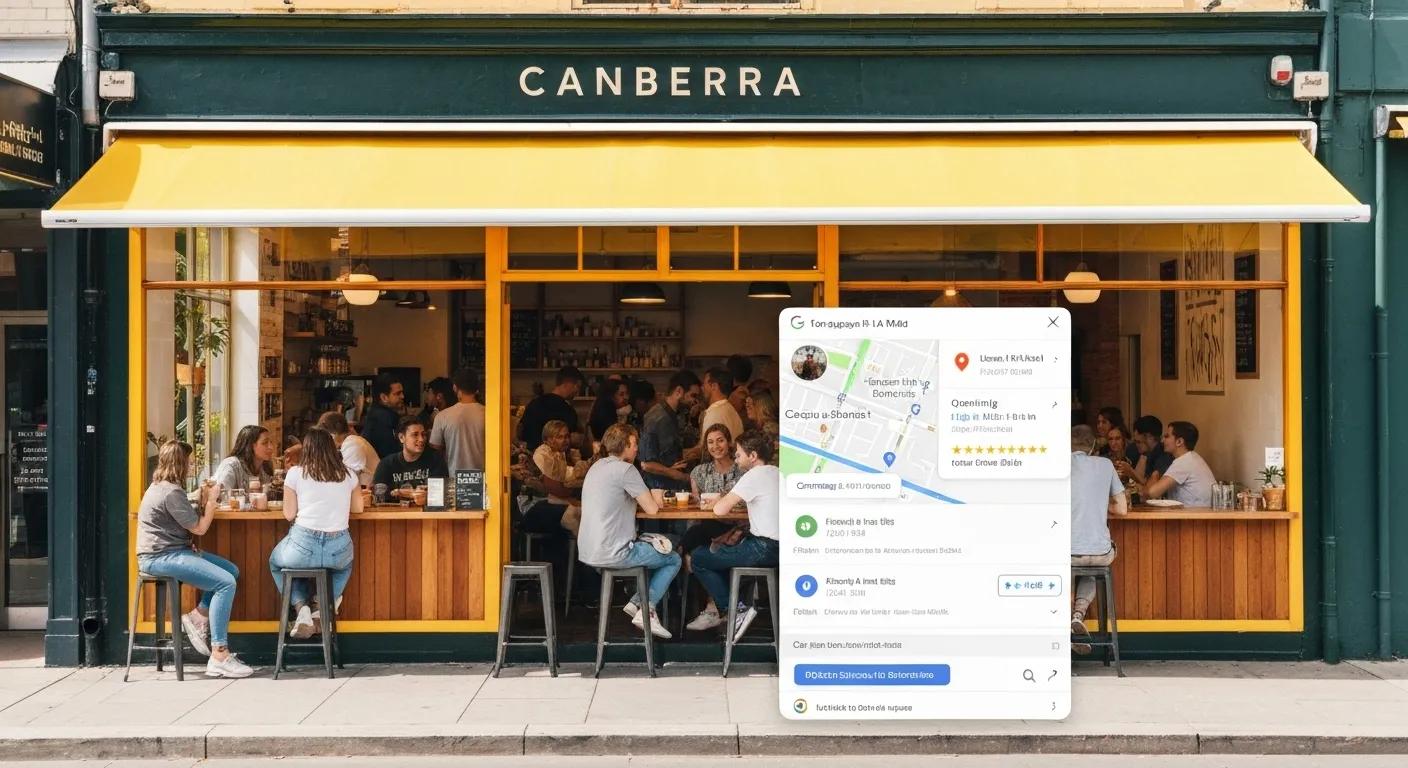 Canberra small business storefront buzzing with customers, overlaid with a Google Maps interface to highlight local SEO benefits Canberra small business storefront buzzing with customers, overlaid with a Google Maps interface to highlight local SEO benefits