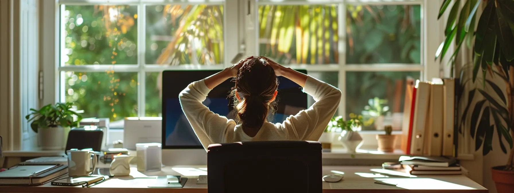 a person doing stretching exercises at their desk in a home office.