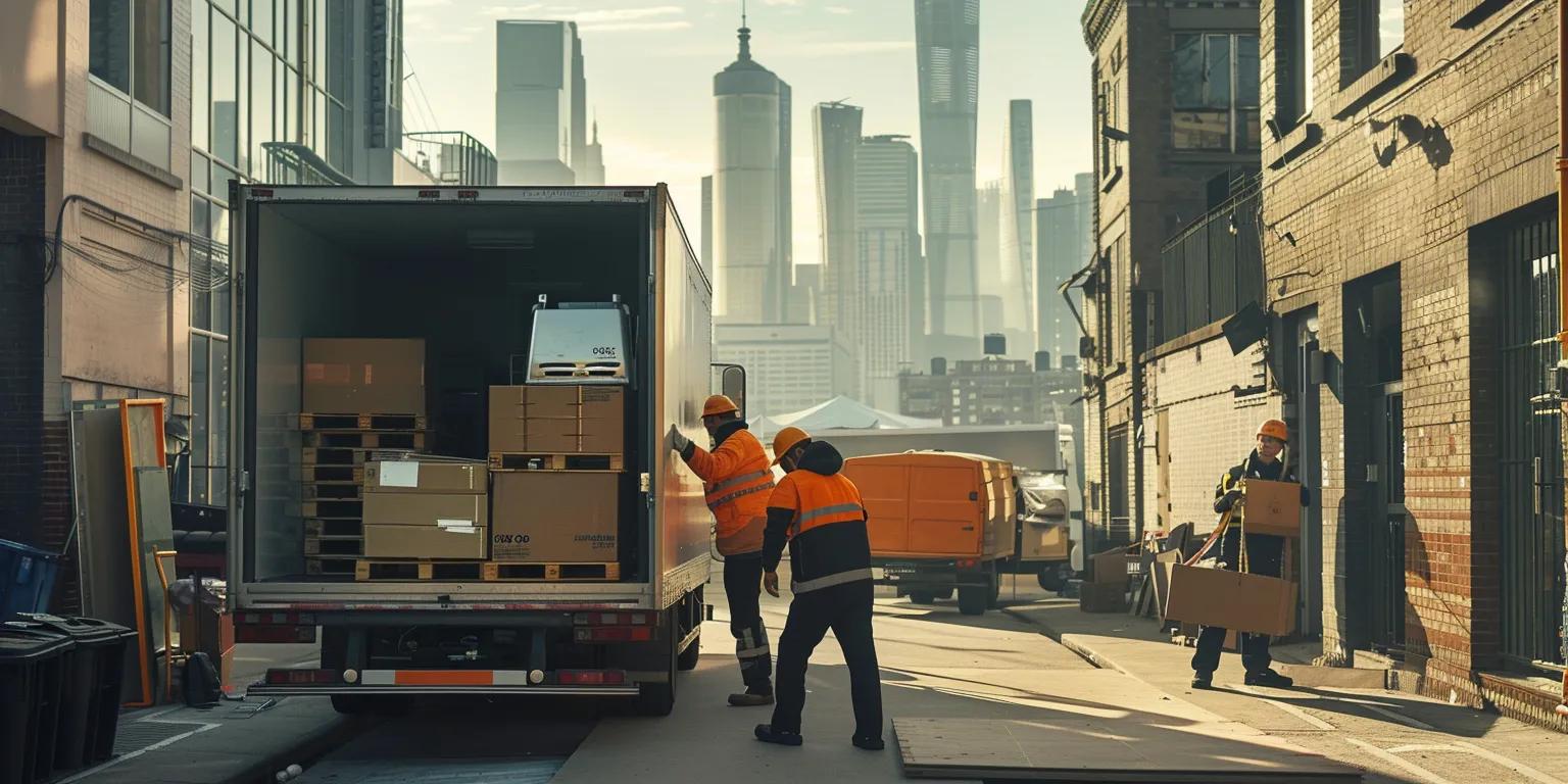 Workers in safety gear unloading boxes from a delivery truck in an urban alley, with a city skyline in the background.