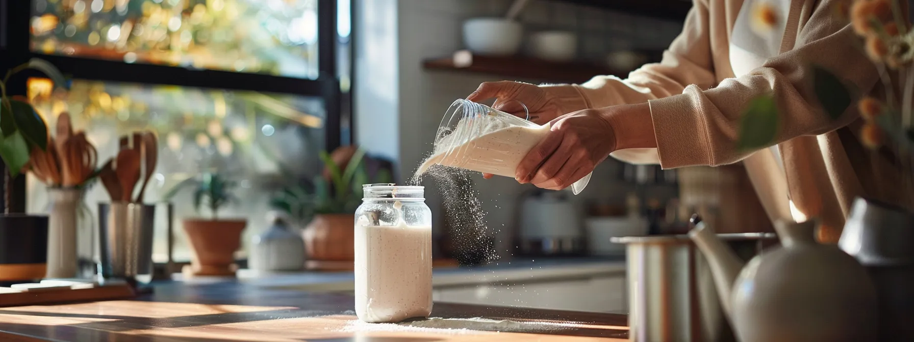 a person mixing protein powder into a smoothie in a modern kitchen.