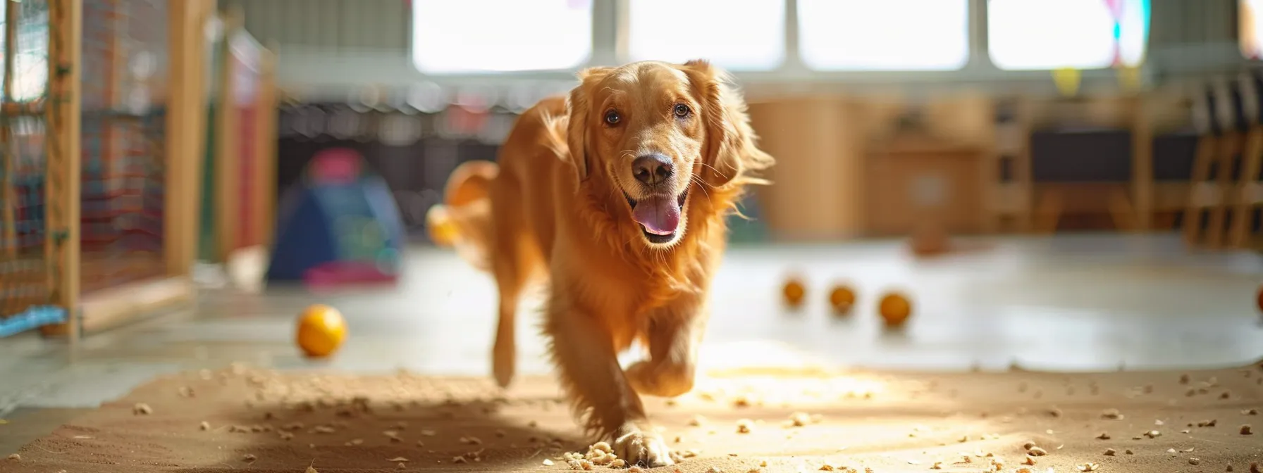 a dog happily playing with a toy in a spacious indoor play area at a top-notch dog boarding facility.