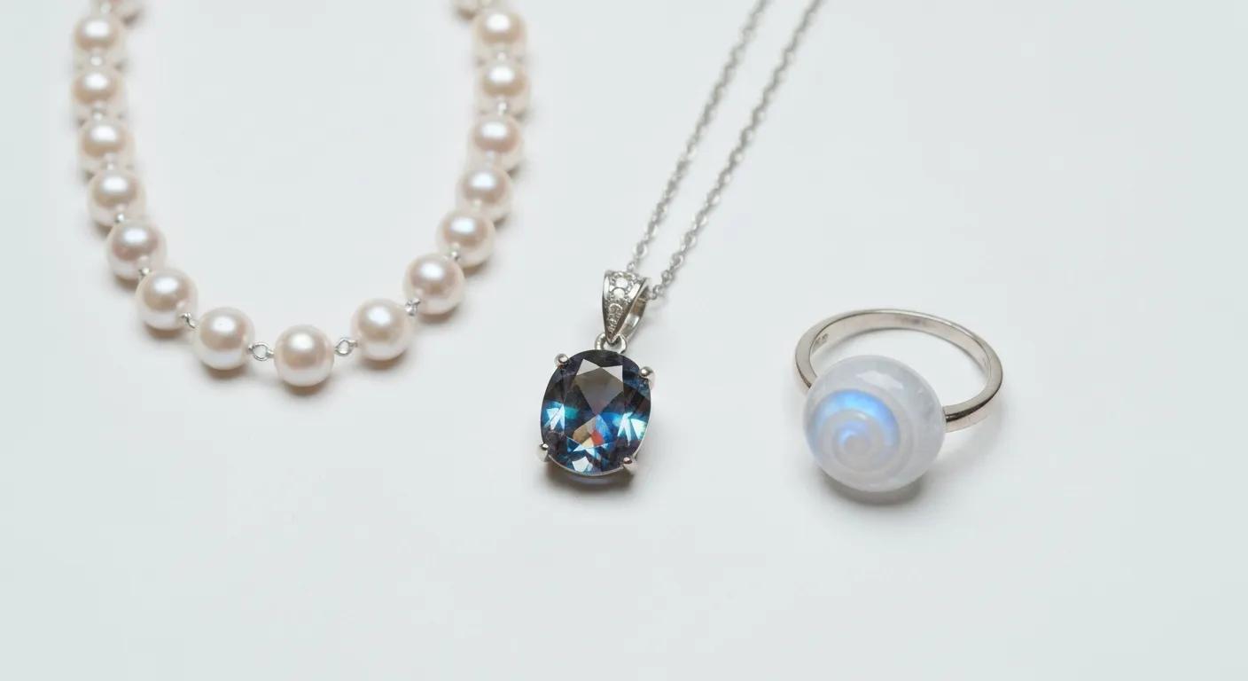 Thoughtful gift ideas featuring June's birthstones: a classic pearl necklace, an elegant alexandrite pendant, and a mystical moonstone ring.