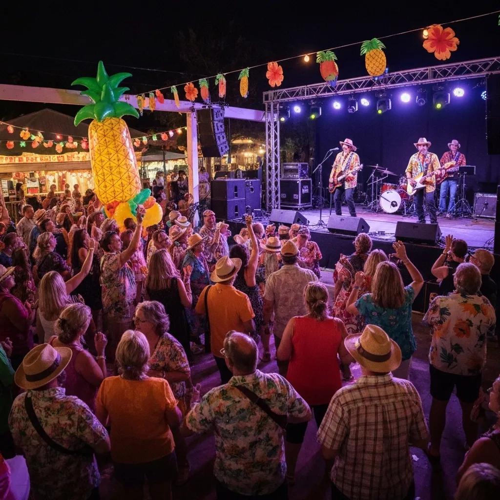 Community event with a tribute band performing for enthusiastic Parrotheads celebrating Jimmy Buffett Day