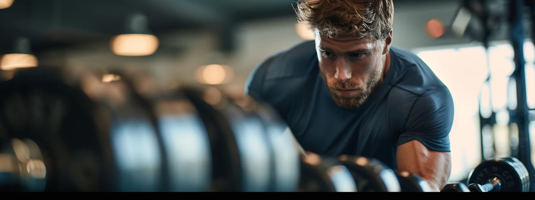 an ectomorph working out with heavy weights in a gym, focusing on progressive overload and compound exercises to stimulate muscle growth.