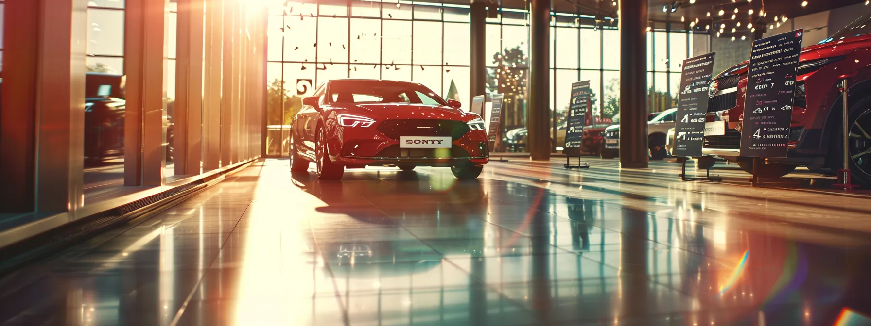 a shiny, brand new car on a showroom floor, next to a sleek, well-maintained used car, surrounded by price tags and warranty information.