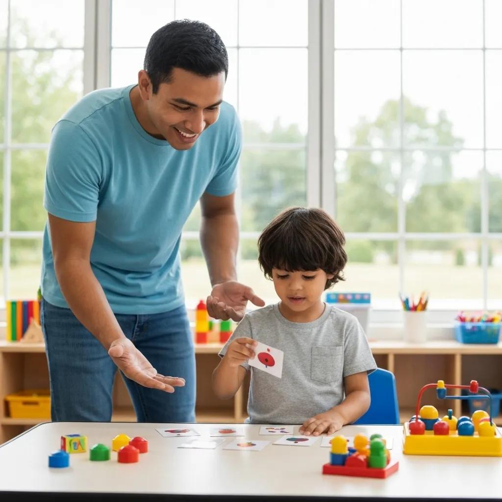 A therapist engages a child in a colorful learning space using Discrete Trial Training, focusing on skill development.