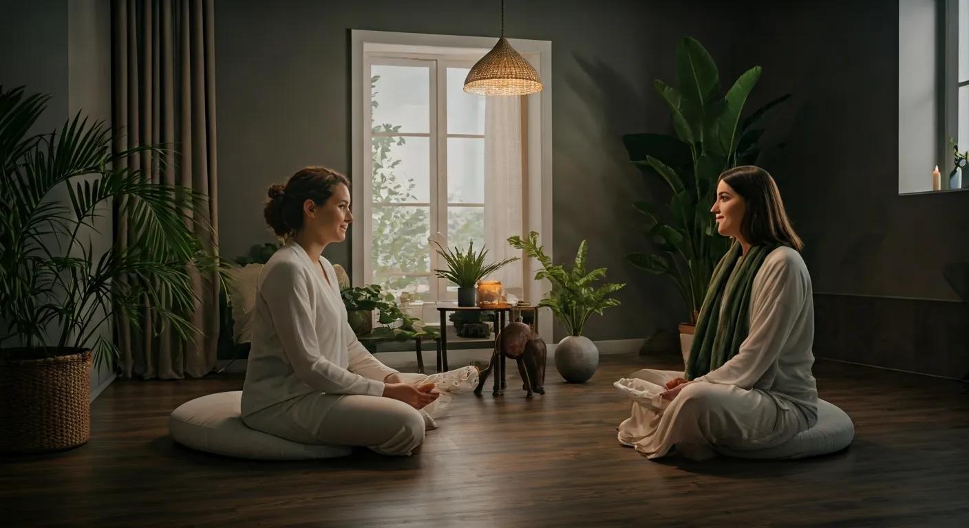 Women discussing the benefits of reiki healing in a warm and inviting wellness center