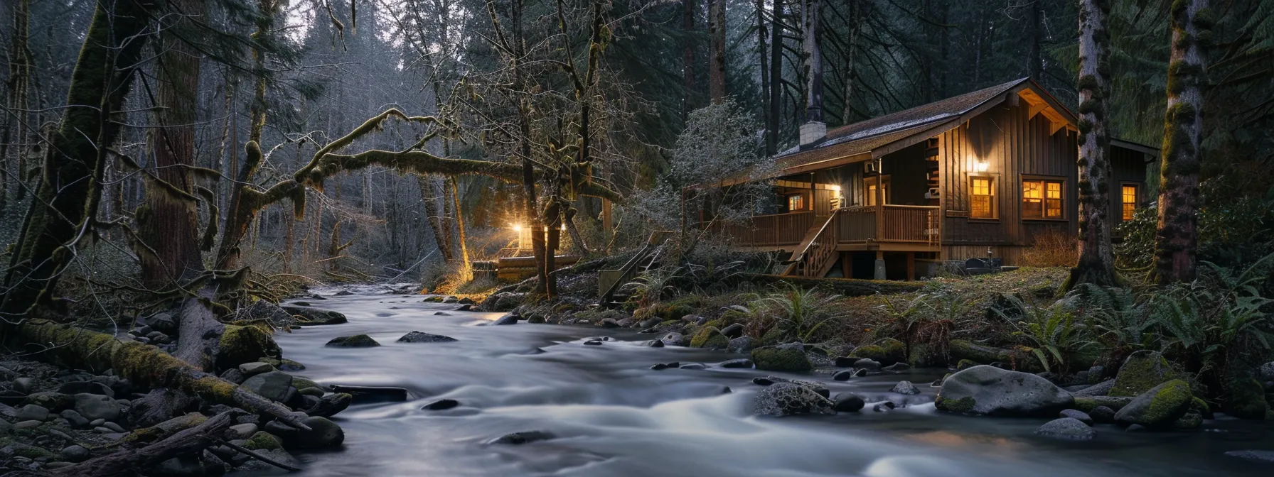 a cozy cabin nestled in the forest near a rushing river, with modern amenities and ample space for a group of friends.