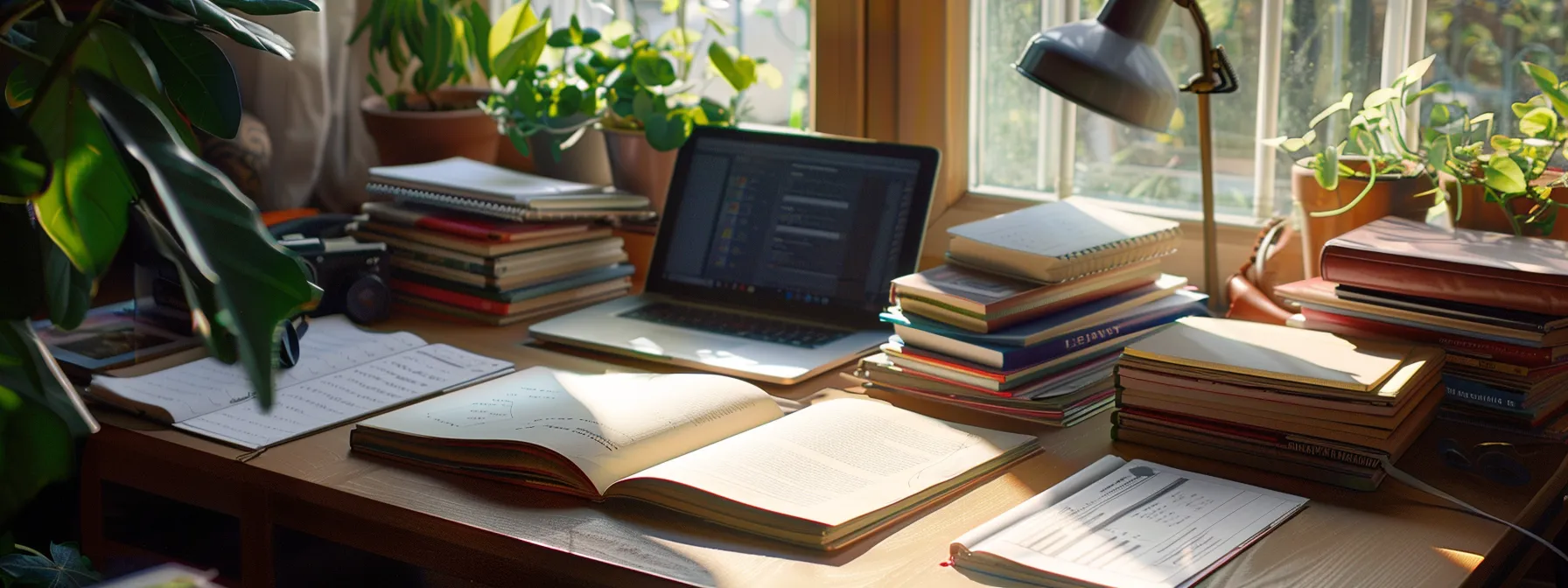 a study desk surrounded by textbooks, notebooks, and a laptop for aspiring arborists preparing for certification.