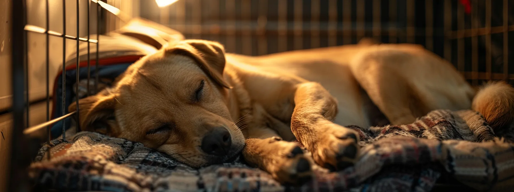 a dog peacefully sleeping inside a crate at nighttime.