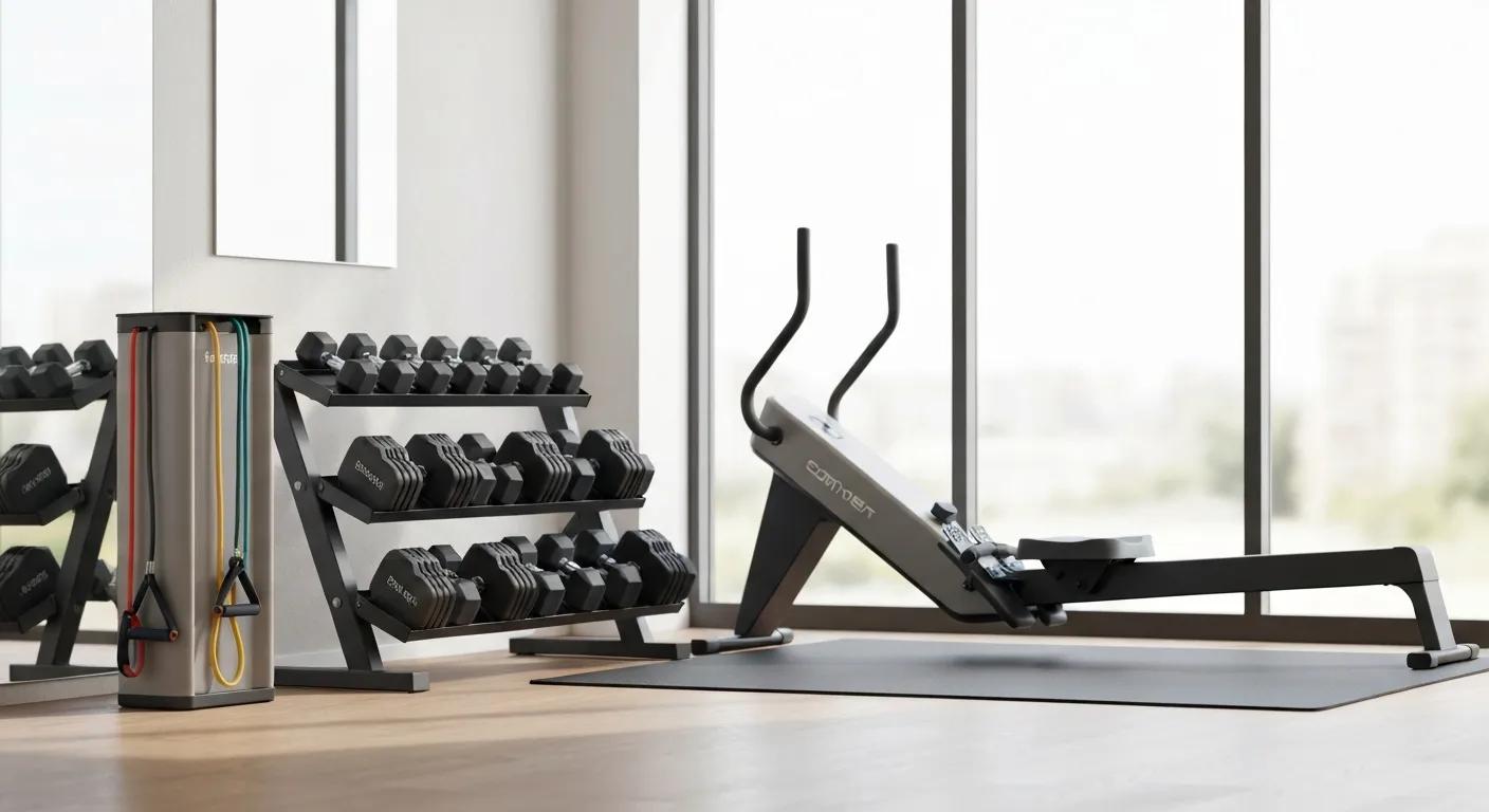 A curated selection of stylish, space-saving fitness equipment arranged in a modern small home gym.