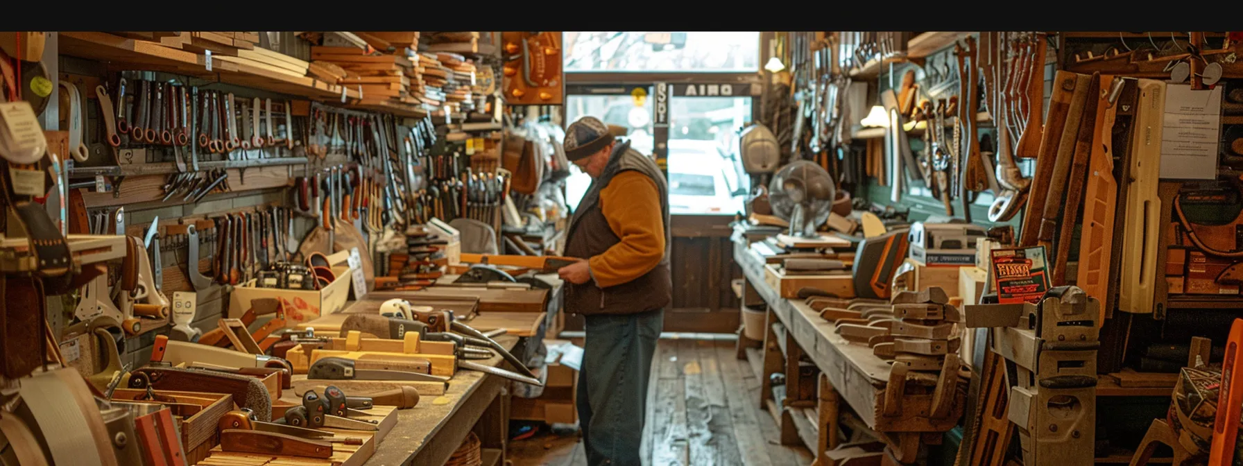 a person carefully examining a selection of authentic silky saws displayed in a well-lit outdoor equipment store.