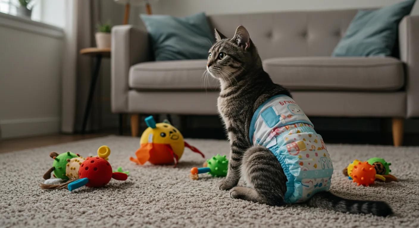 a playful and curious cat in a cozy, modern living room, confidently wearing a colorful diaper while sitting on a plush rug, with engaging toys scattered nearby to emphasize a positive and encouraging training environment. a playful and curious cat in a cozy, modern living room, confidently wearing a colorful diaper while sitting on a plush rug, with engaging toys scattered nearby to emphasize a positive and encouraging training environment.
