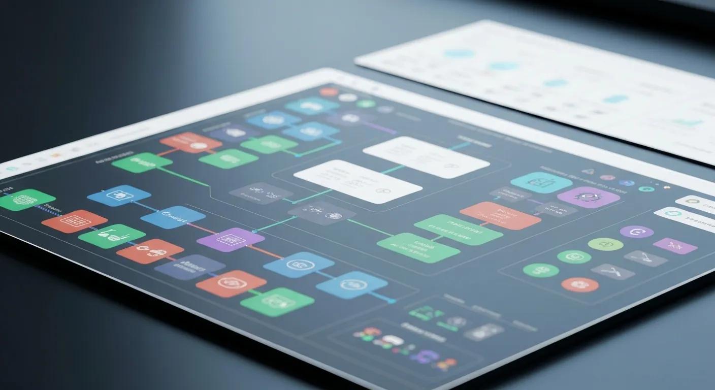 AI Automation workspace with digital interface showcasing algorithms and workflows AI Automation workspace with digital interface showcasing algorithms and workflows