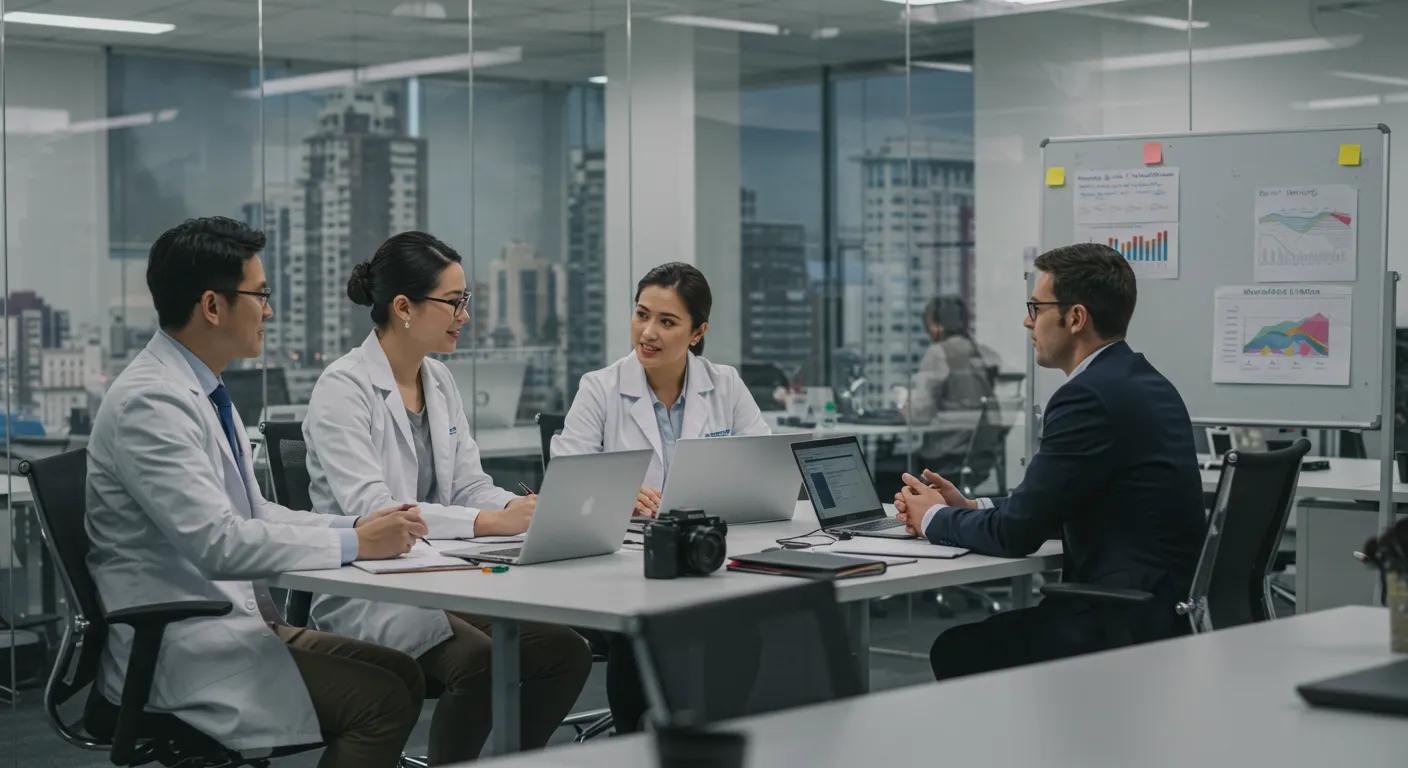 a modern healthcare office featuring diverse professionals engaged in a dynamic discussion about medicare policies, with sleek glass walls reflecting a vibrant cityscape in the background.