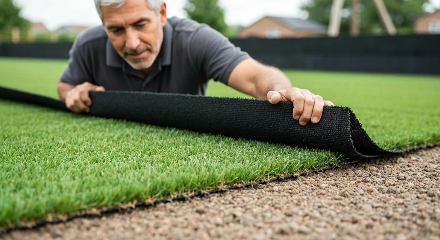 Weed barrier fabric being installed over artificial turf base for effective weed prevention Weed barrier fabric being installed over artificial turf base for effective weed prevention