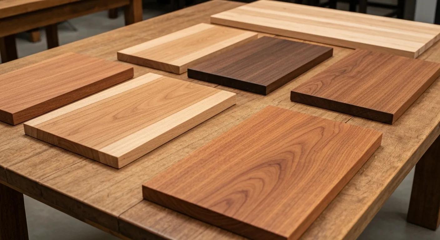 A display of sustainable Australian timbers including Tasmanian Oak, Messmate, and Jarrah on a rustic wooden table