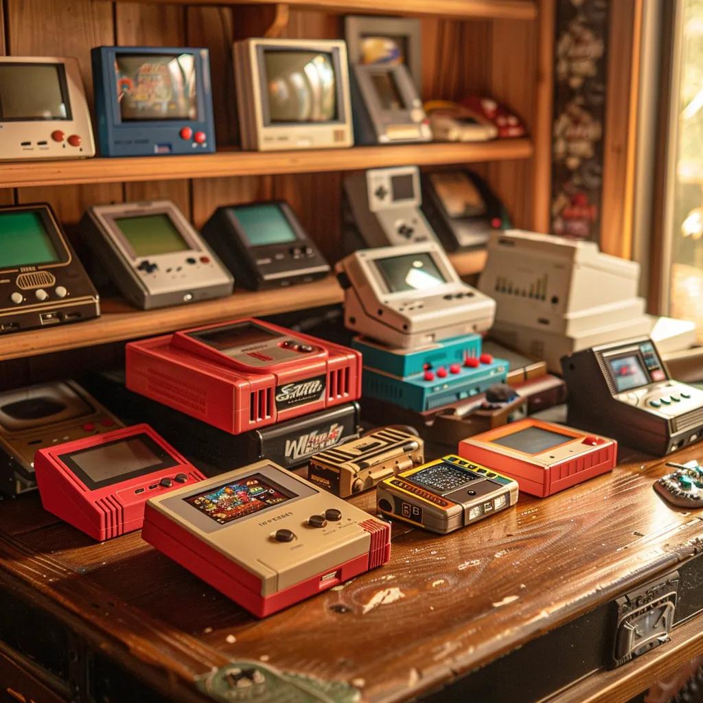 Collection of retro handheld gaming consoles and classic cartridges evoking nostalgia