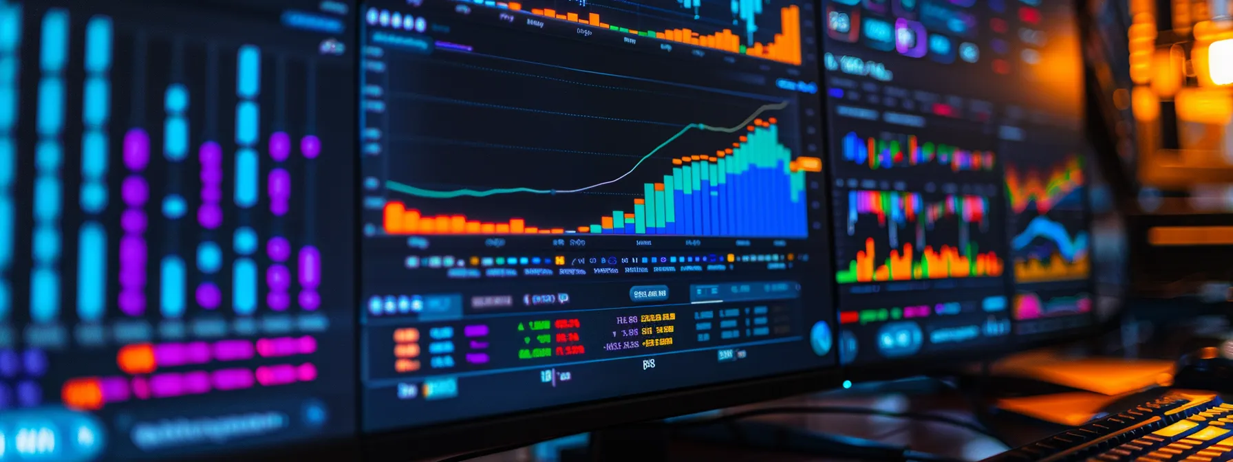 vibrant visual data analytics dashboard with cutting-edge seo tools and keyword research charts illuminated on a modern computer screen.