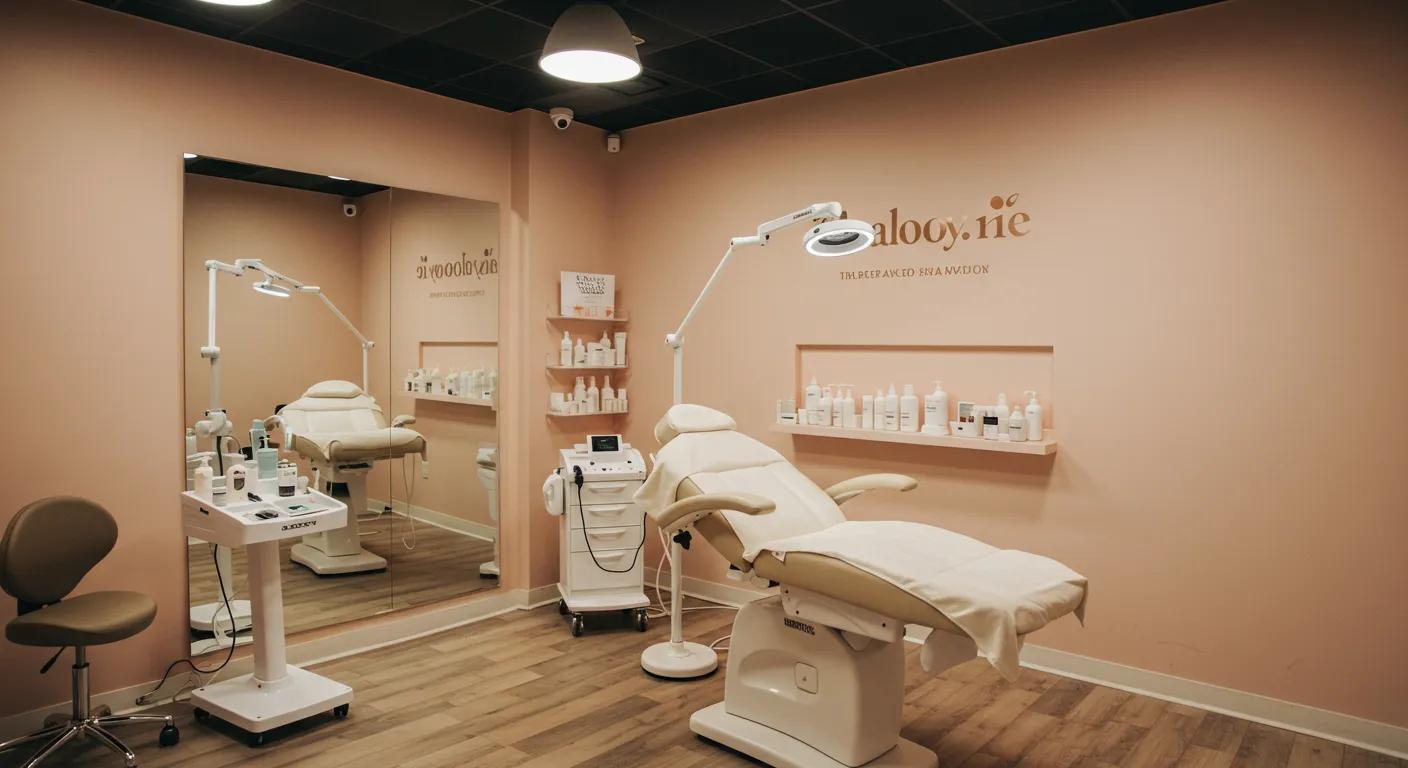a sophisticated waxing studio in brooklyn features a clean, elegant interior with warm lighting, showcasing a sleek treatment room where a customer enjoys a luxurious bikini waxing experience.