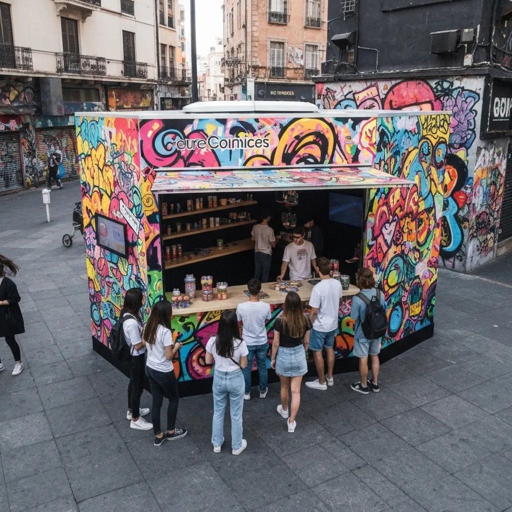 Dynamic guerrilla marketing scene with an interactive pop-up installation and street art in an urban setting