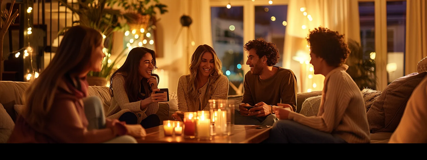 a group of friends having a deep and engaging conversation in a cozy living room, surrounded by warm lighting and comfortable furniture.